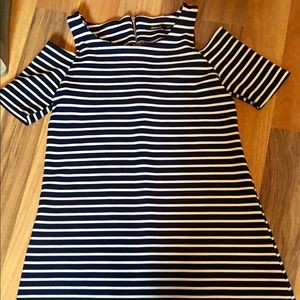 Reitmans navy-striped cold-shoulder swing dress